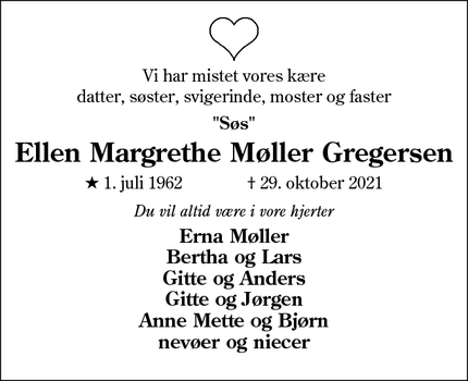 Dødsannoncen for Ellen Margrethe Møller Gregersen - Alslevvej 17, Forum 6715 Esbjerg N