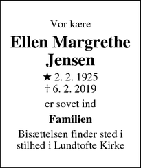 Dødsannoncen for Ellen Margrethe
Jensen - Kongens Lyngby