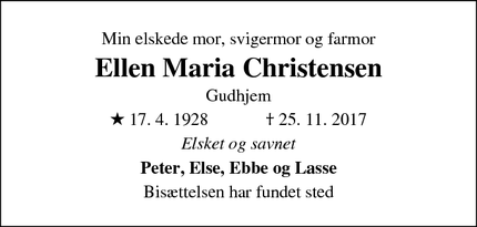 Dødsannoncen for Ellen Maria Christensen - Gudhjem