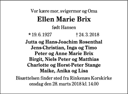 Dødsannoncen for Ellen Marie Brix - Gråsten / Sønderborg