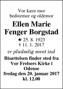 Dødsannoncen for Ellen Marie Fenger Borgstad - Odense