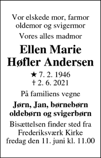 Dødsannoncen for Ellen Marie Høfler Andersen - Hundested