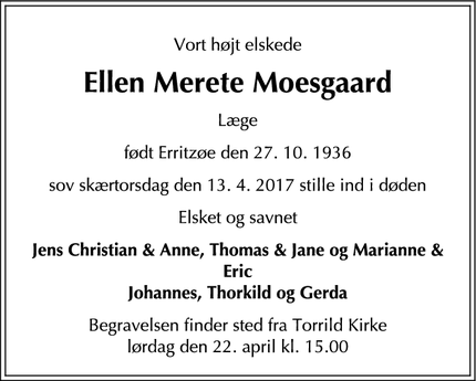 Dødsannoncen for Ellen Merete Moesgaard - Skodsborg, Danmark