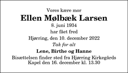 Dødsannoncen for Ellen Mølbæk Larsen - Hirtshals