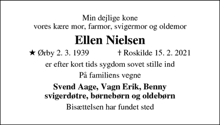 Dødsannoncen for Ellen Nielsen - Roskilde