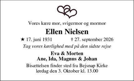 Dødsannoncen for Ellen Nielsen - Skals
