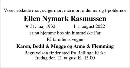 Dødsannoncen for Ellen Nymark Rasmussen - Odense