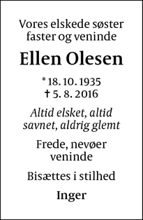 Dødsannoncen for Ellen Olesen - Vanløse