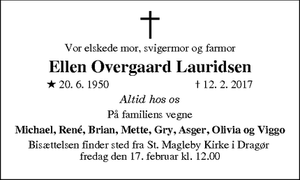 Dødsannoncen for Ellen Overgaard Lauridsen - Ikast