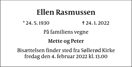 Dødsannoncen for Ellen Rasmussen - Søllerød