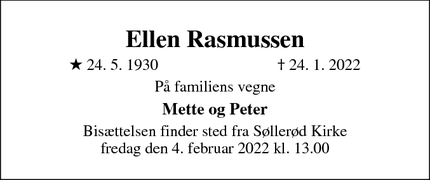 Dødsannoncen for Ellen Rasmussen - Søllerød