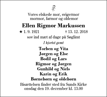 Dødsannoncen for Ellen Rigmor Markussen - Sunds