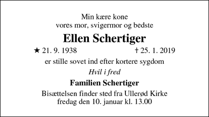 Dødsannoncen for Ellen Schertiger - Hillerød