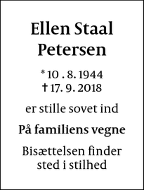 Dødsannoncen for Ellen Staal Petersen - København