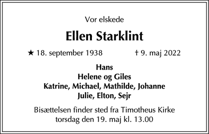 Dødsannoncen for Ellen Starklint - Dragør
