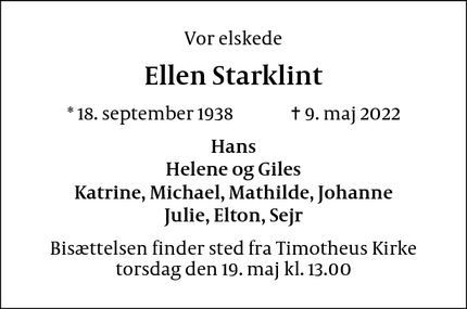 Dødsannoncen for Ellen Starklint - Dragør