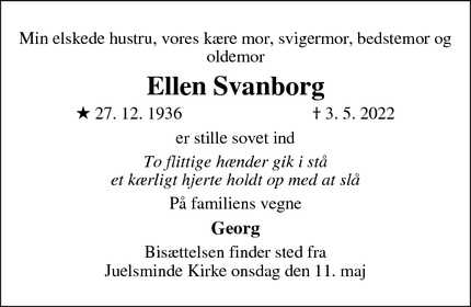 Dødsannoncen for Ellen Svanborg - juelsminde