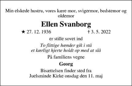 Dødsannoncen for Ellen Svanborg - juelsminde