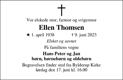 Dødsannoncen for Ellen Thomsen - Sottrup / Bylderup Bov 