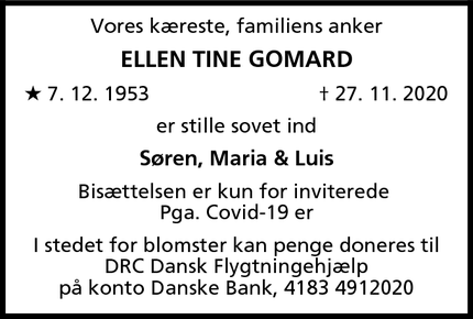 Dødsannoncen for Ellen tine gomard - Hvidovre