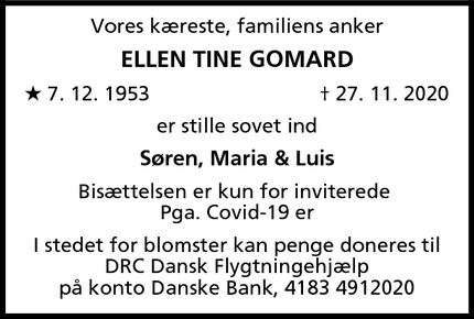 Dødsannoncen for Ellen tine gomard - Hvidovre