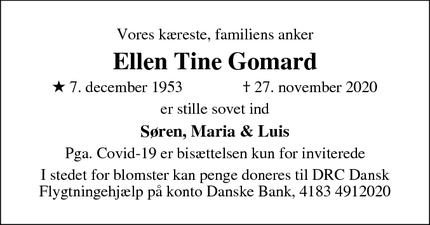 Dødsannoncen for Ellen tine gomard - Hvidovre