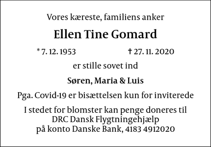 Dødsannoncen for Ellen tine gomard - Hvidovre