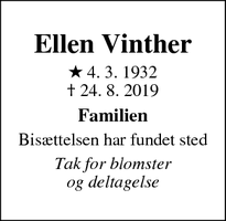 Dødsannoncen for Ellen Vinther - Holbæk