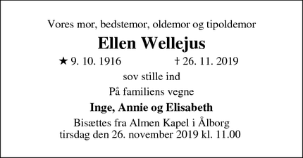 Dødsannoncen for Ellen Wellejus - Tåstrup