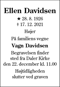 Dødsannoncen for Ellen Davidsen - Højer