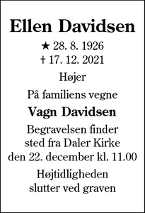 Dødsannoncen for Ellen Davidsen - Højer