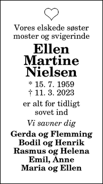 Dødsannoncen for Ellen
Martine
Nielsen - Randers NØ