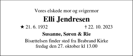 Dødsannoncen for Elli Jendresen - Harlev