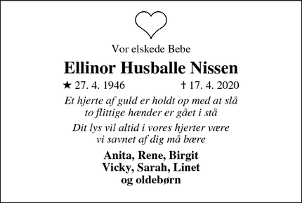 Dødsannoncen for Ellinor Husballe Nissen - Kolding