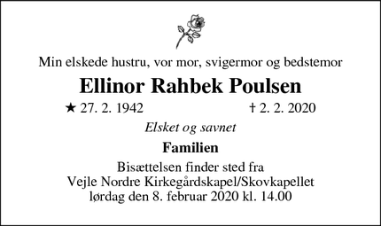 Dødsannoncen for Ellinor Rahbek Poulsen - Vejle Ø