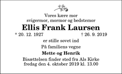 Dødsannoncen for Ellis Frank Laursen - Als