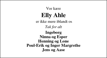Dødsannoncen for Elly Ahle - Ringkøbing