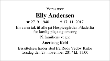 Dødsannoncen for Elly Andersen - Dianalund