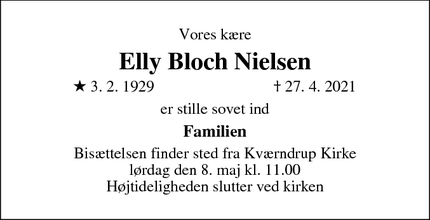 Dødsannoncen for Elly Bloch Nielsen - Kværndrup