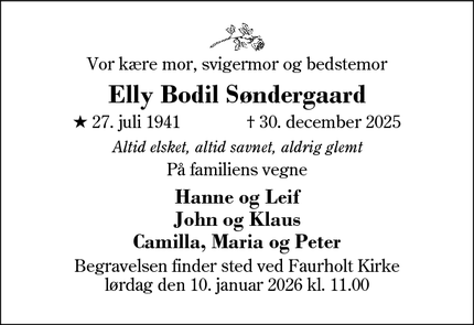 Dødsannoncen for Elly Bodil S&oslash;ndergaard - Ikast