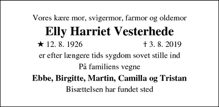 Dødsannoncen for Elly Harriet Vesterhede - kastrup