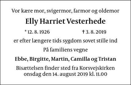 Dødsannoncen for Elly Harriet Vesterhede - kastrup