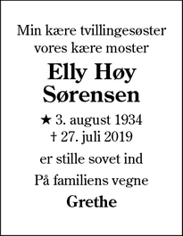 Dødsannoncen for Elly Høy Sørensen - Vejen