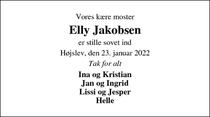 Dødsannoncen for Elly Jakobsen - Højslev