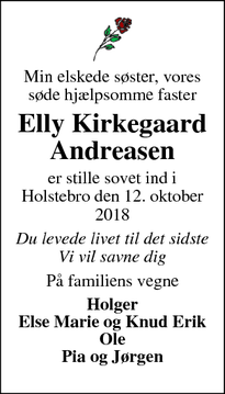 Dødsannoncen for Elly Kirkegaard Andreasen - Holstebro