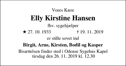 Dødsannoncen for Elly Kirstine Hansen - Odense S