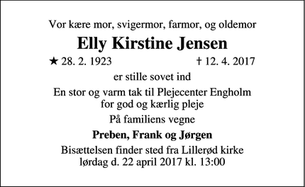 Dødsannoncen for Elly Kirstine Jensen - Allerød