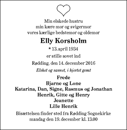 Dødsannoncen for Elly Korsholm - Rødding