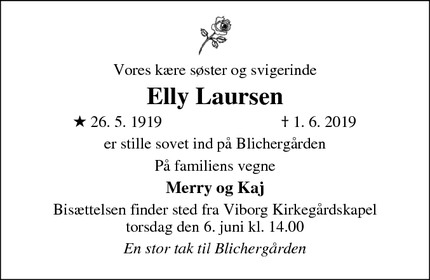 Dødsannoncen for Elly Laursen - Viborg