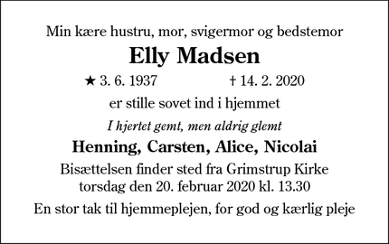 Dødsannoncen for Elly Madsen - Grimstrup